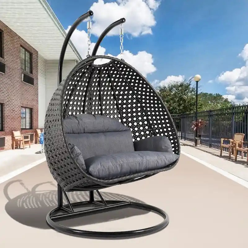 LeisureMod fauteuil œuf suspendu 2 personnes avec support - balancelle hamac d'extérieur / intérieur en rotin tressé avec coussins