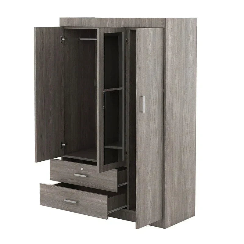 Armoire penderie 3 portes avec miroirs, étagères et 2 tiroirs