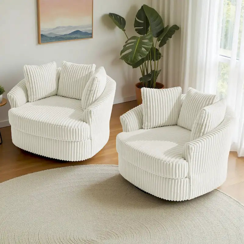 Lot de 2 fauteuils tonneau pivotants surdimensionnés 43 W en velours côtelé moelleux avec coussins