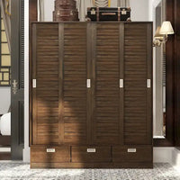 Armoire-penderie marron avec tiroirs, tringle et 4 portes coulissantes