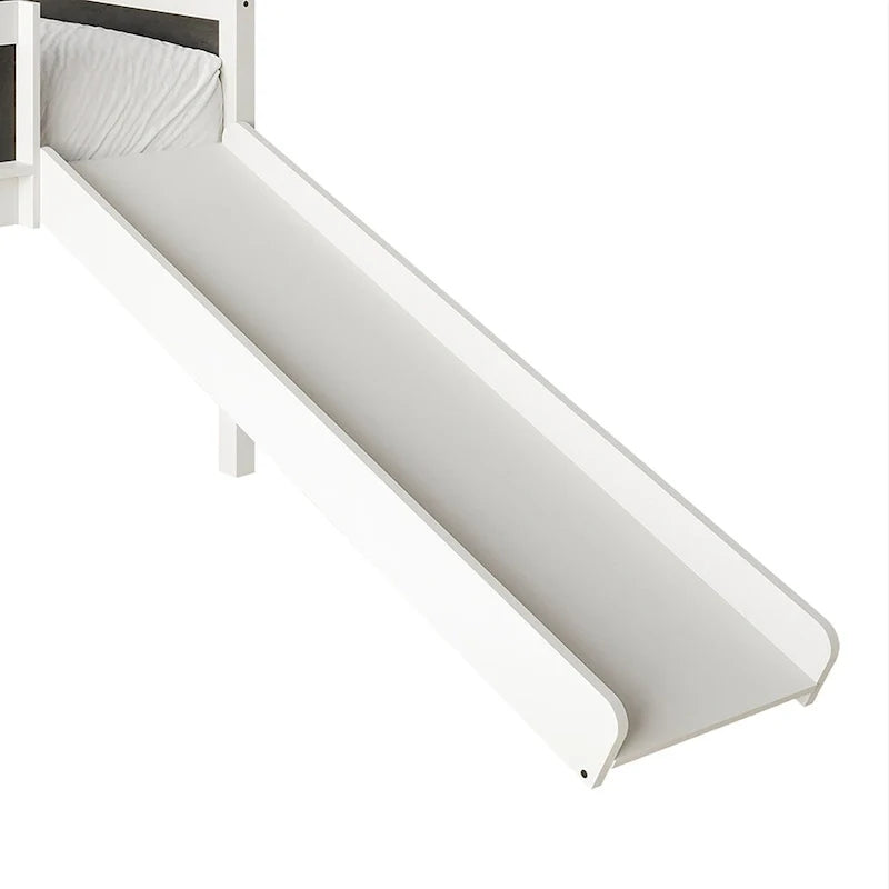 Lit mezzanine bas classique double CraftPorch avec tableau noir, toboggan et échelle