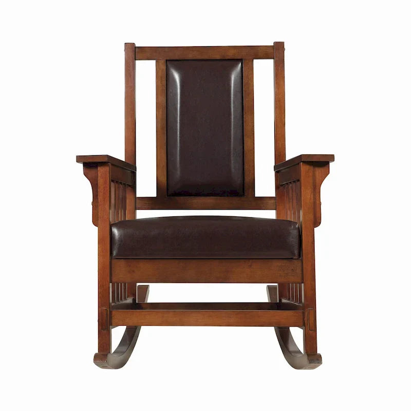 Chaise berçante de style Mission, assise et dossier rembourrés en cuir, tabac et brun foncé