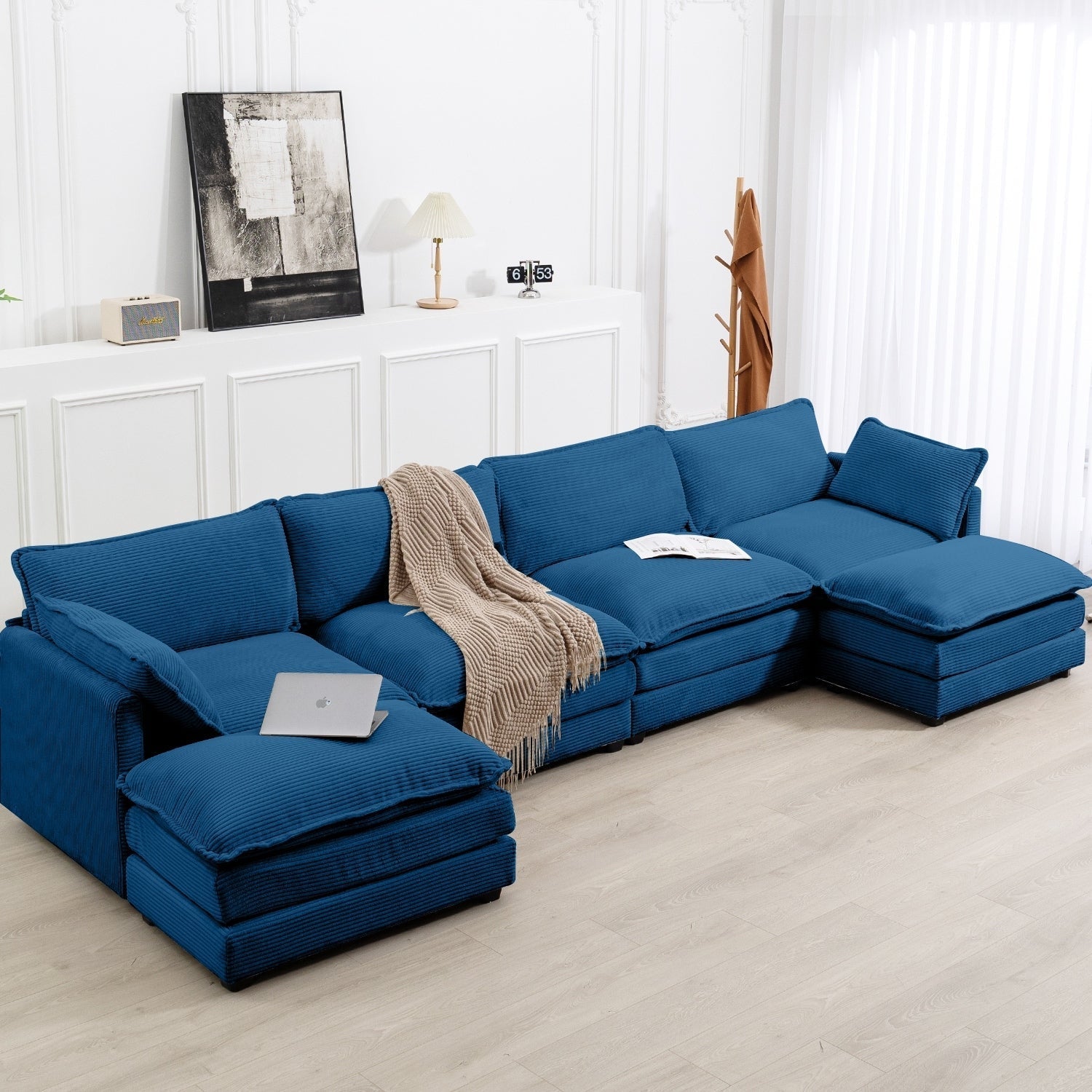 Canapé sectionnel en velours côtelé avec ottomans amovibles & coussins ultra-doux pour salon & chambre