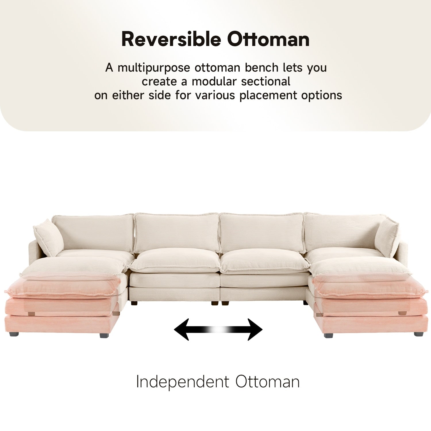 Canapé sectionnel en velours côtelé avec ottomans amovibles & coussins ultra-doux pour salon & chambre