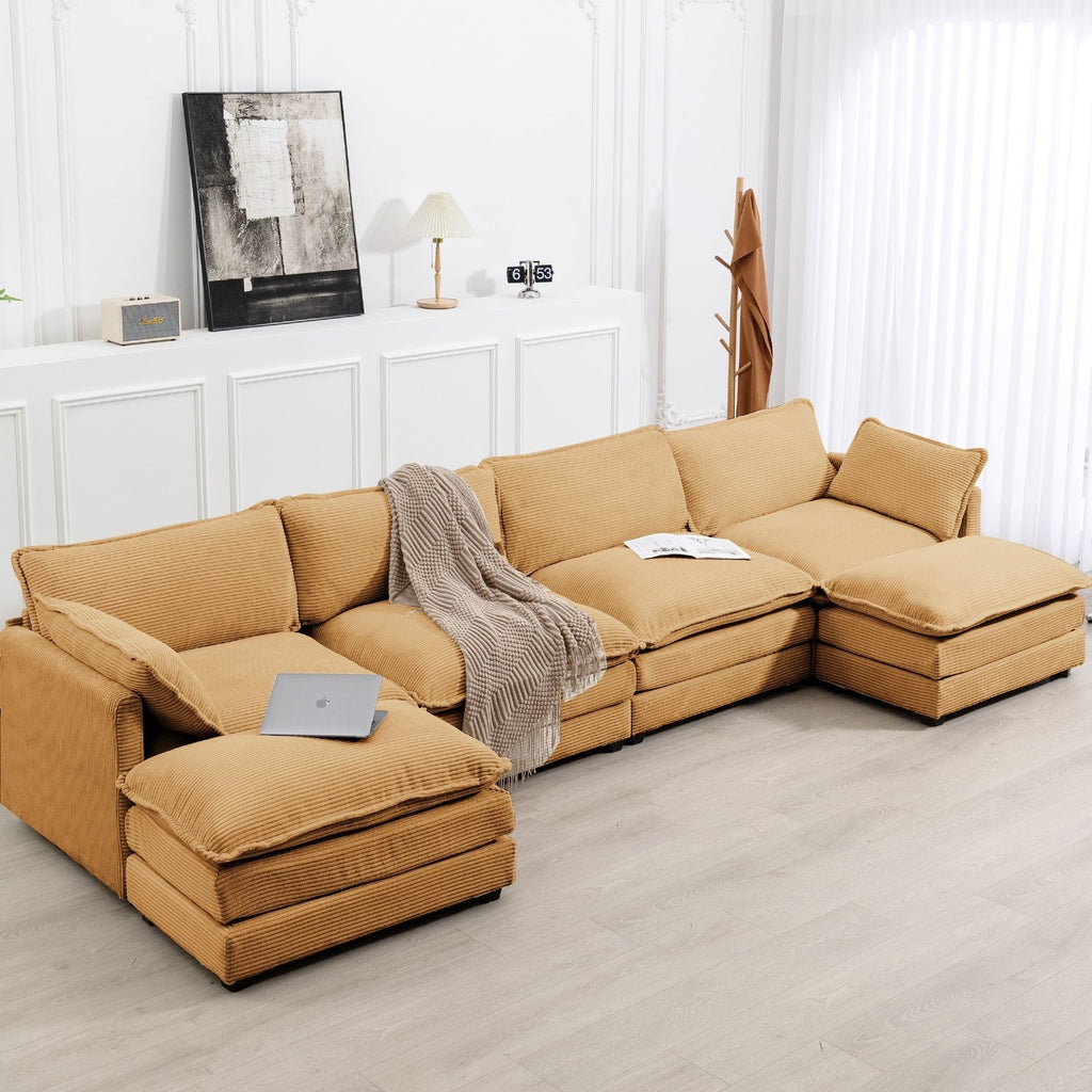Canapé sectionnel en velours côtelé avec ottomans amovibles & coussins ultra-doux pour salon & chambre