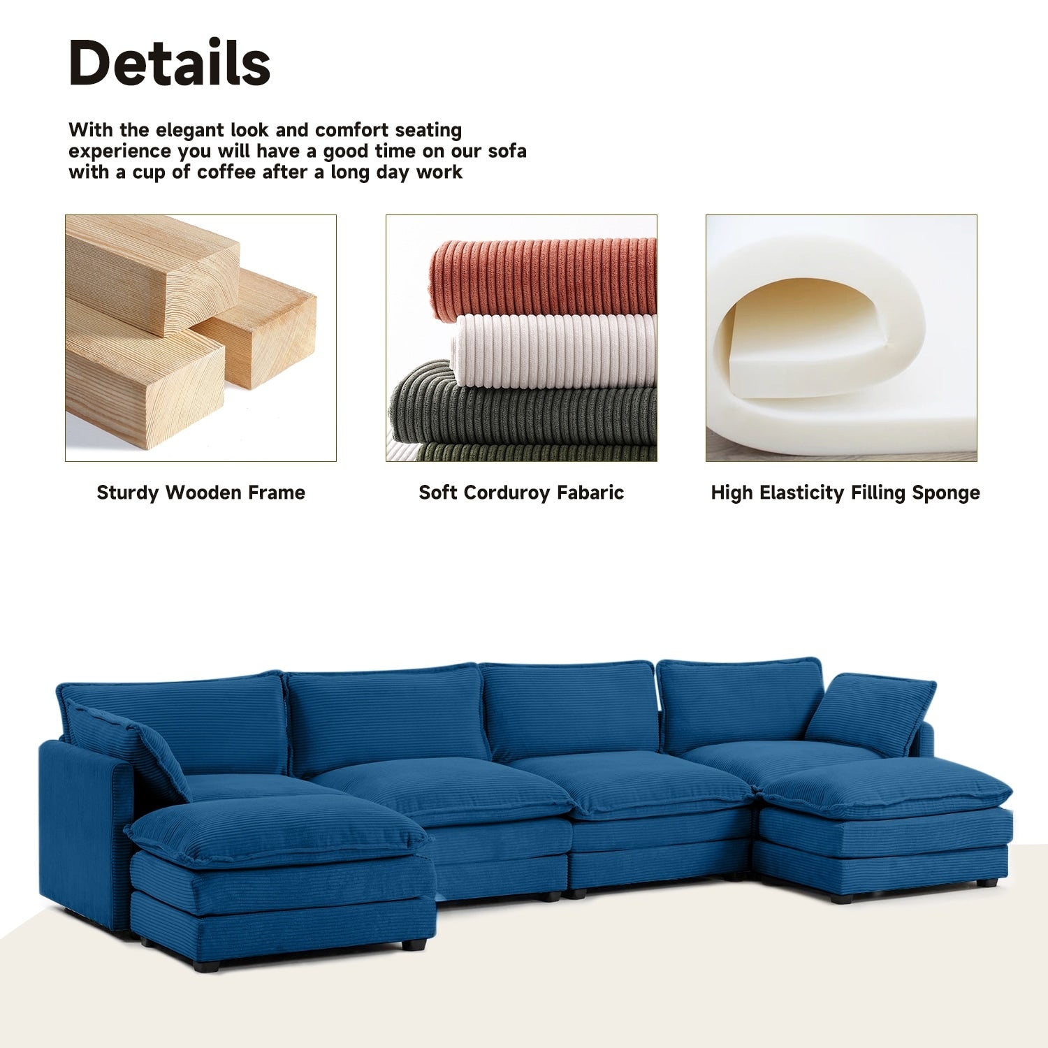 Canapé sectionnel en velours côtelé avec ottomans amovibles & coussins ultra-doux pour salon & chambre