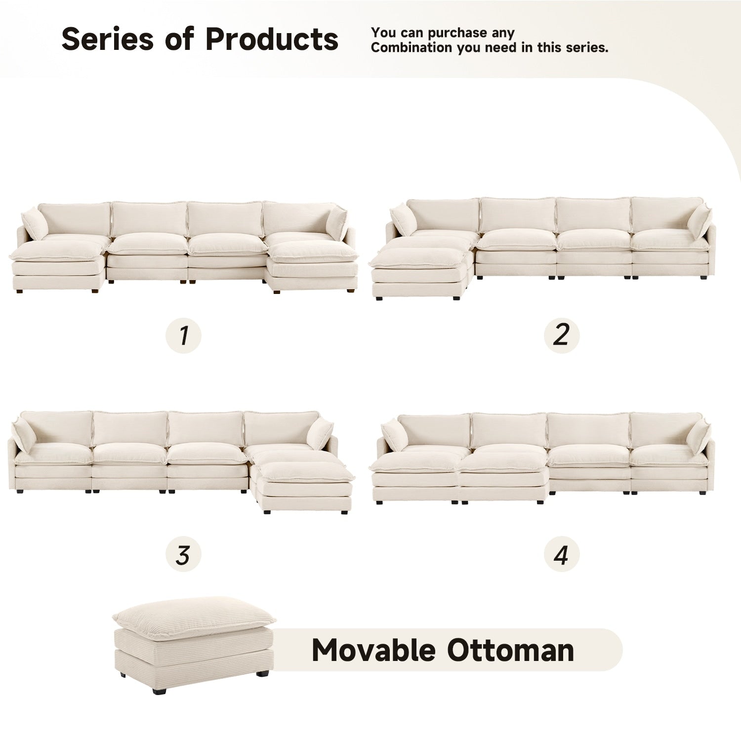 Canapé sectionnel en velours côtelé avec ottomans amovibles & coussins ultra-doux pour salon & chambre