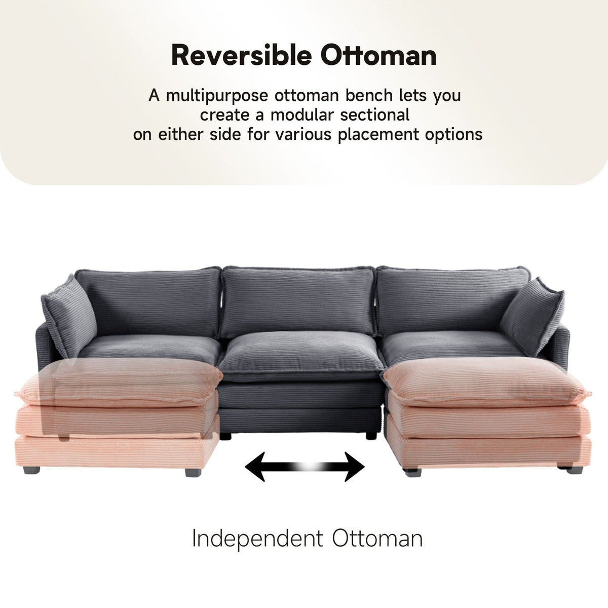 Canapé sectionnel en velours côtelé avec ottomans amovibles & coussins ultra-doux pour salon & chambre