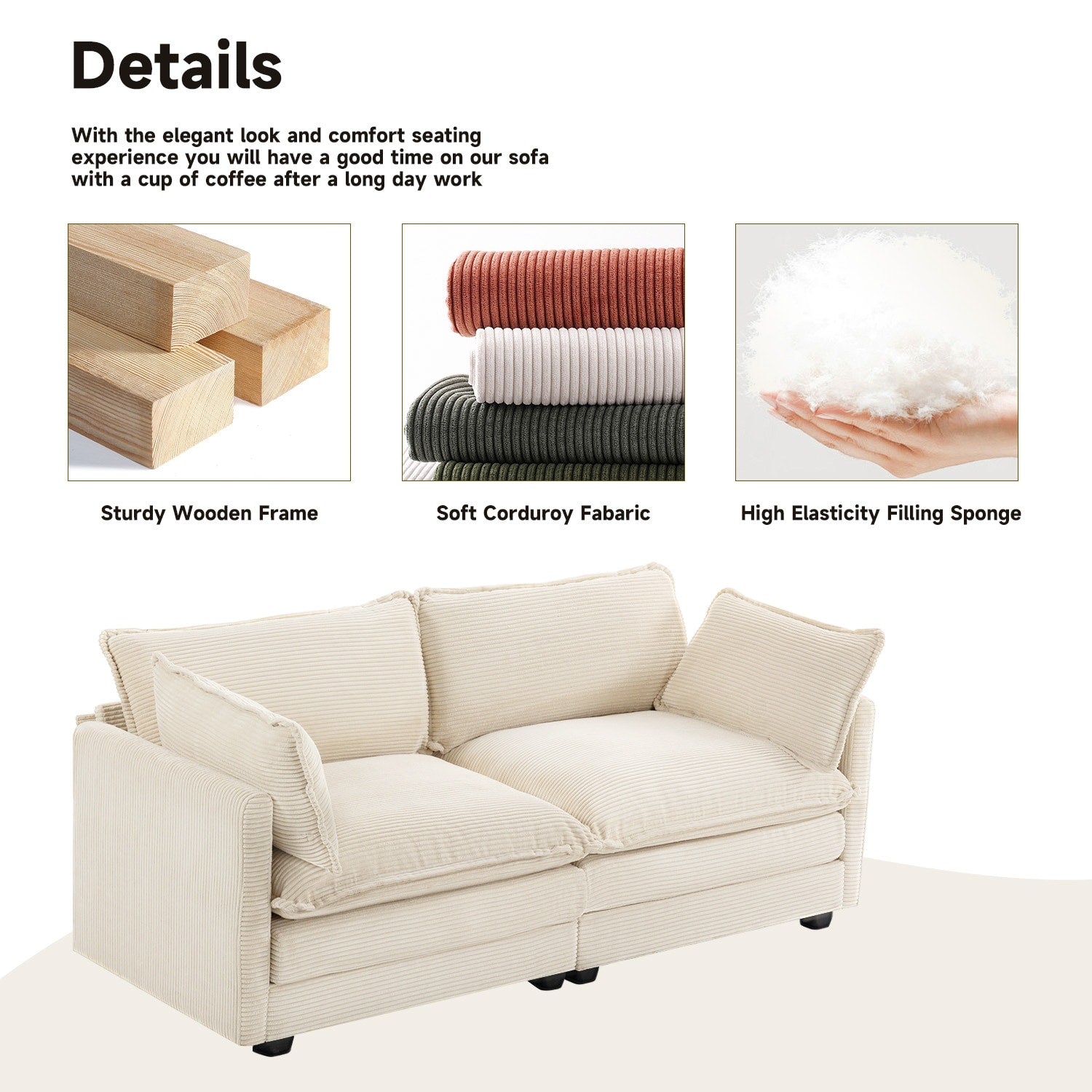 Canapé sectionnel en velours côtelé avec ottomans amovibles & coussins ultra-doux pour salon & chambre