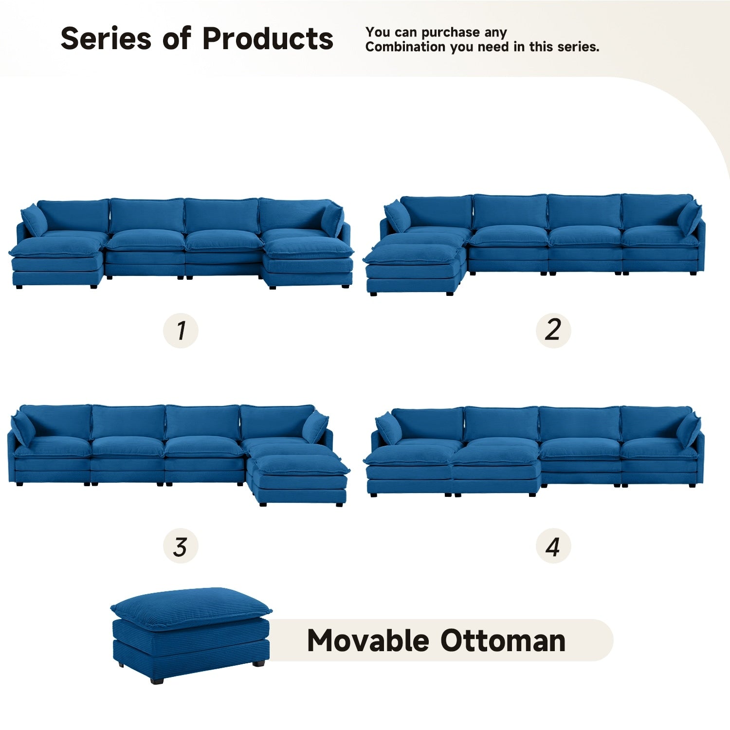 Canapé sectionnel en velours côtelé avec ottomans amovibles & coussins ultra-doux pour salon & chambre