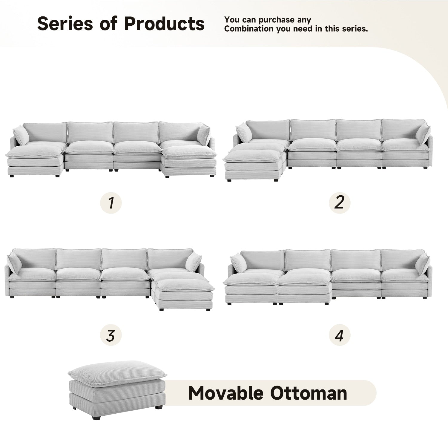 Canapé sectionnel en velours côtelé avec ottomans amovibles & coussins ultra-doux pour salon & chambre
