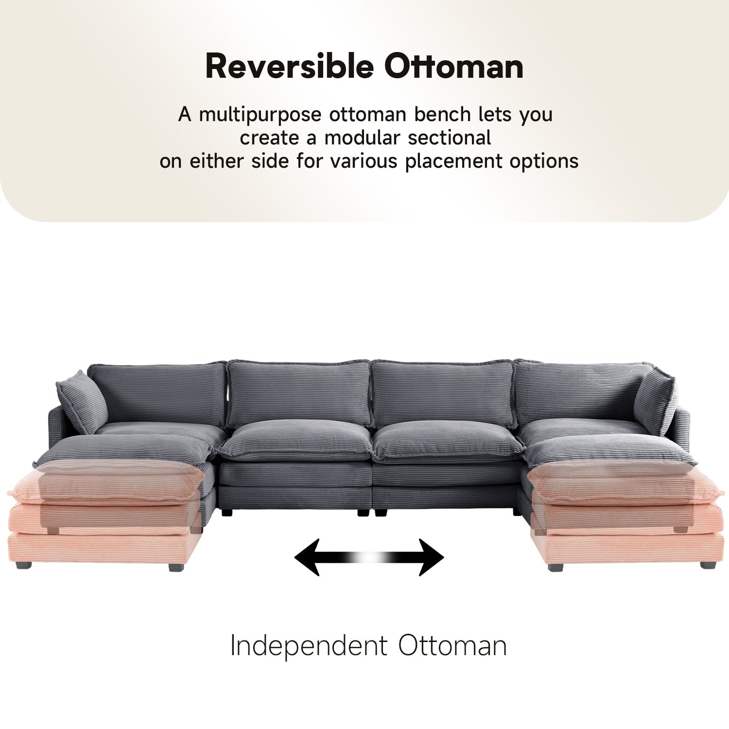 Canapé sectionnel en velours côtelé avec ottomans amovibles & coussins ultra-doux pour salon & chambre