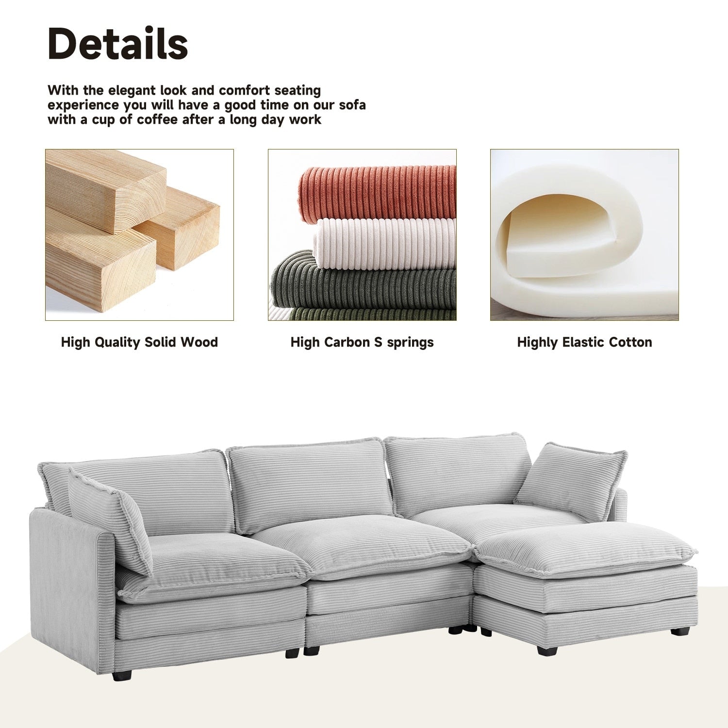 Canapé sectionnel en velours côtelé avec ottomans amovibles & coussins ultra-doux pour salon & chambre