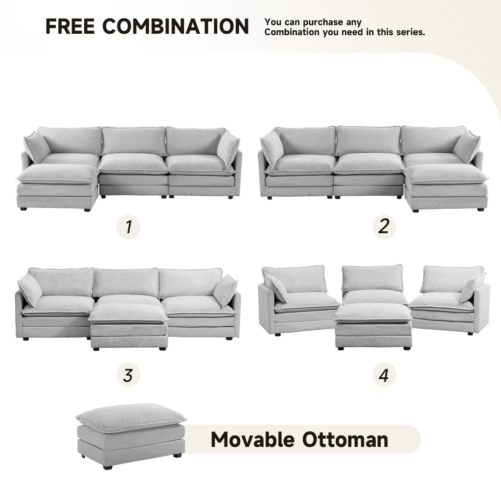 Canapé sectionnel en velours côtelé avec ottomans amovibles & coussins ultra-doux pour salon & chambre