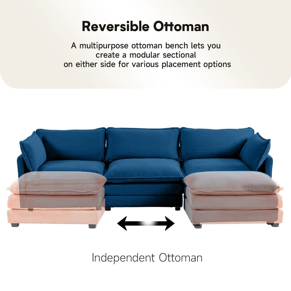 Canapé sectionnel en velours côtelé avec ottomans amovibles & coussins ultra-doux pour salon & chambre