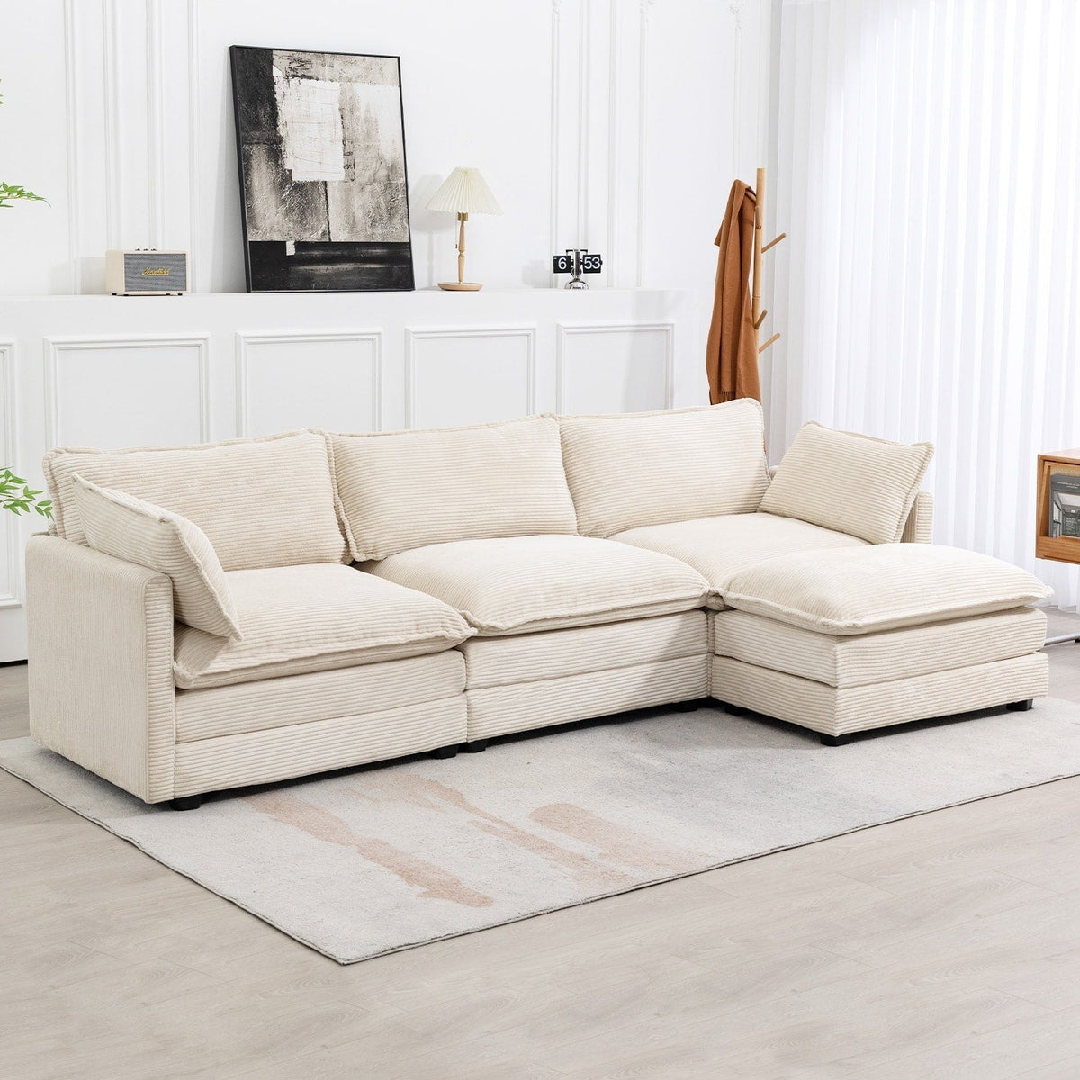 Canapé sectionnel en velours côtelé avec ottomans amovibles & coussins ultra-doux pour salon & chambre