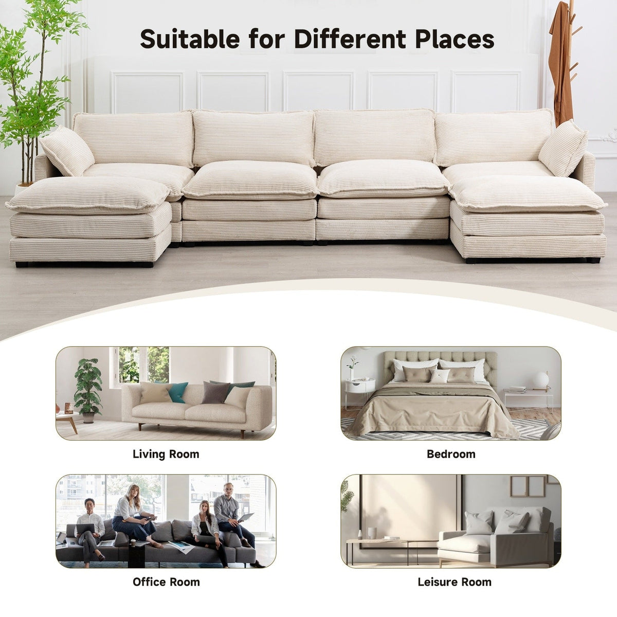 Canapé sectionnel en velours côtelé avec ottomans amovibles & coussins ultra-doux pour salon & chambre