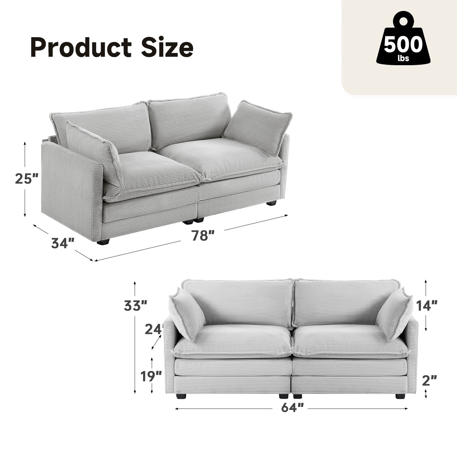 Canapé sectionnel en velours côtelé avec ottomans amovibles & coussins ultra-doux pour salon & chambre