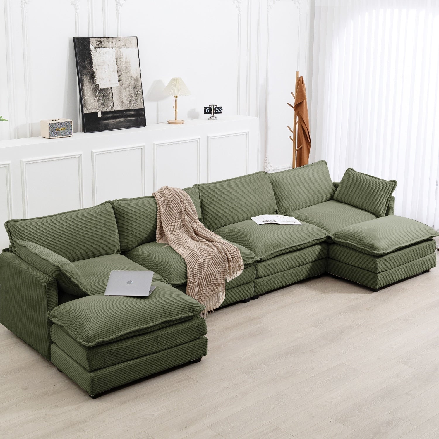 Canapé sectionnel en velours côtelé avec ottomans amovibles & coussins ultra-doux pour salon & chambre