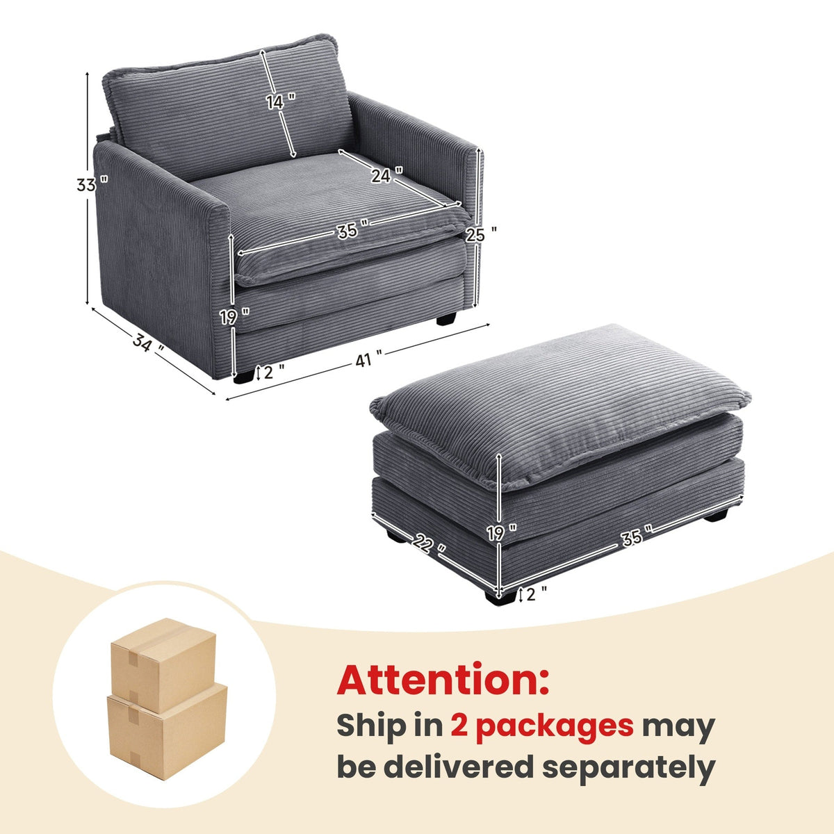 Canapé sectionnel en velours côtelé avec ottomans amovibles & coussins ultra-doux pour salon & chambre