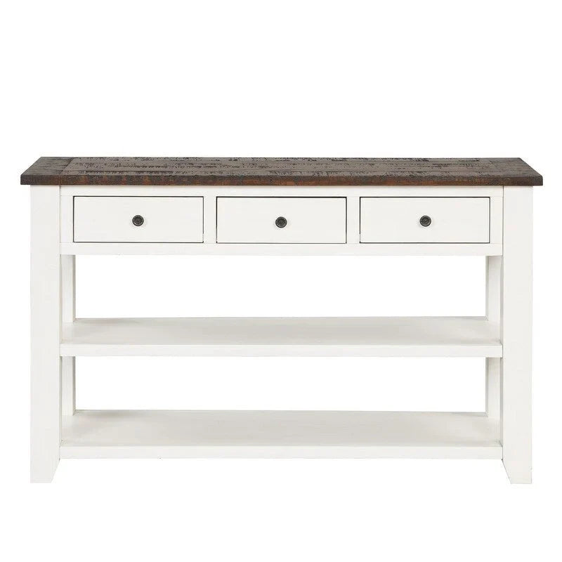 Console en bois avec 3 tiroirs de rangement et 2 étagères