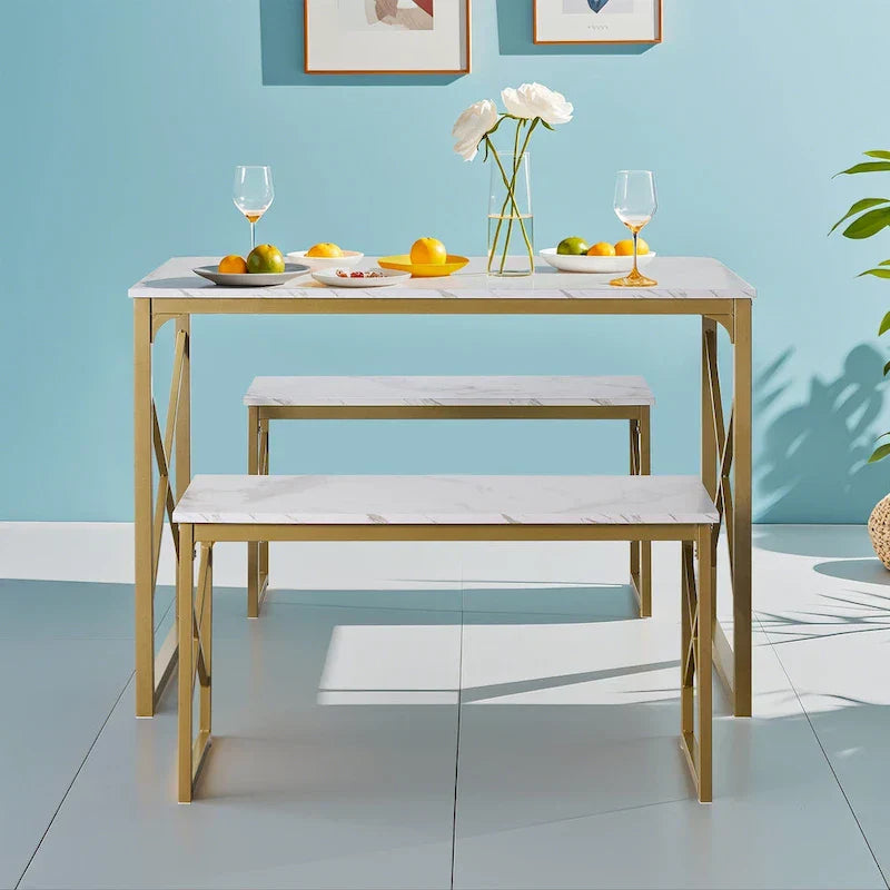 Table à manger 3 pièces VECELO avec banc, ensemble de table de salle à manger pour 4-6 personnes, table de cuisine avec 2 bancs, ensemble de table à manger