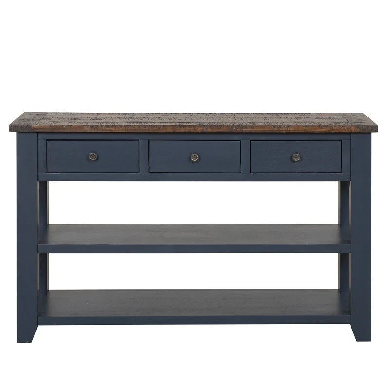 Console en bois avec 3 tiroirs de rangement et 2 étagères