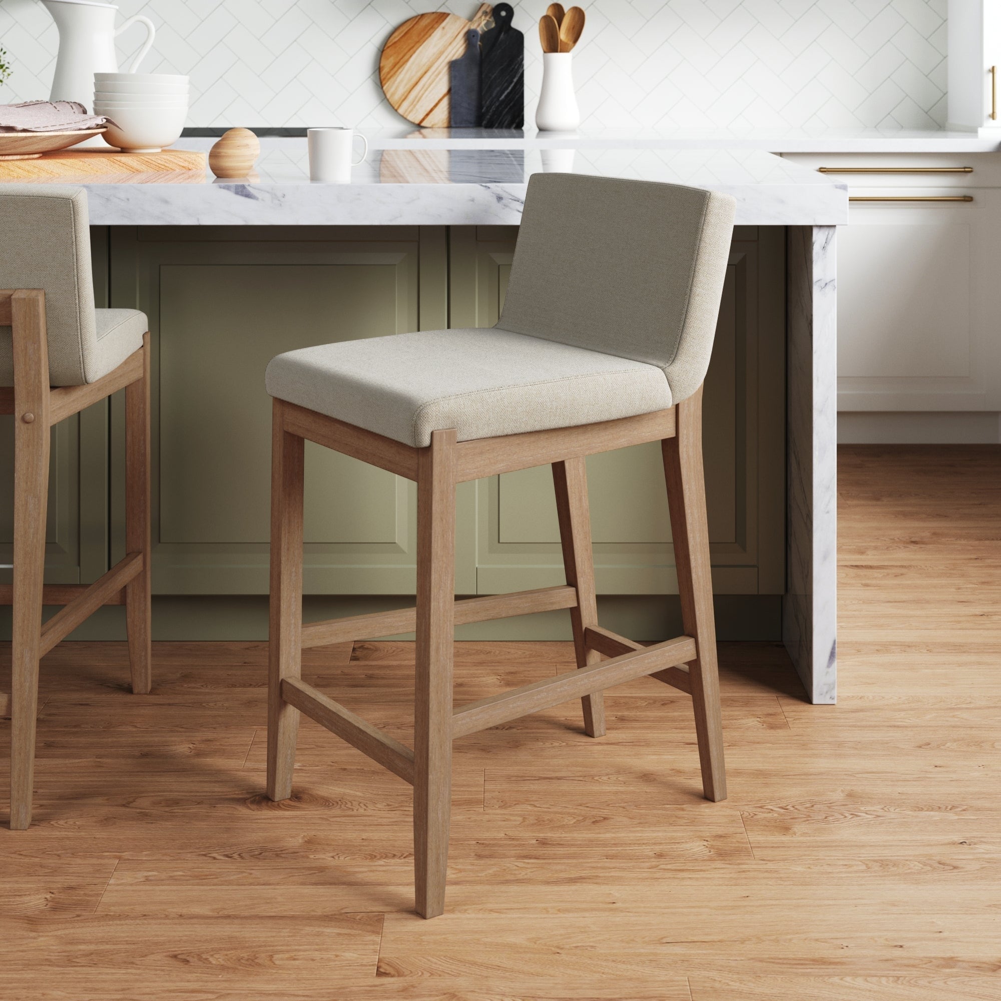 Gracie Tabouret de bar moderne, chaise rembourrée en bouclette et pieds en bois brossé