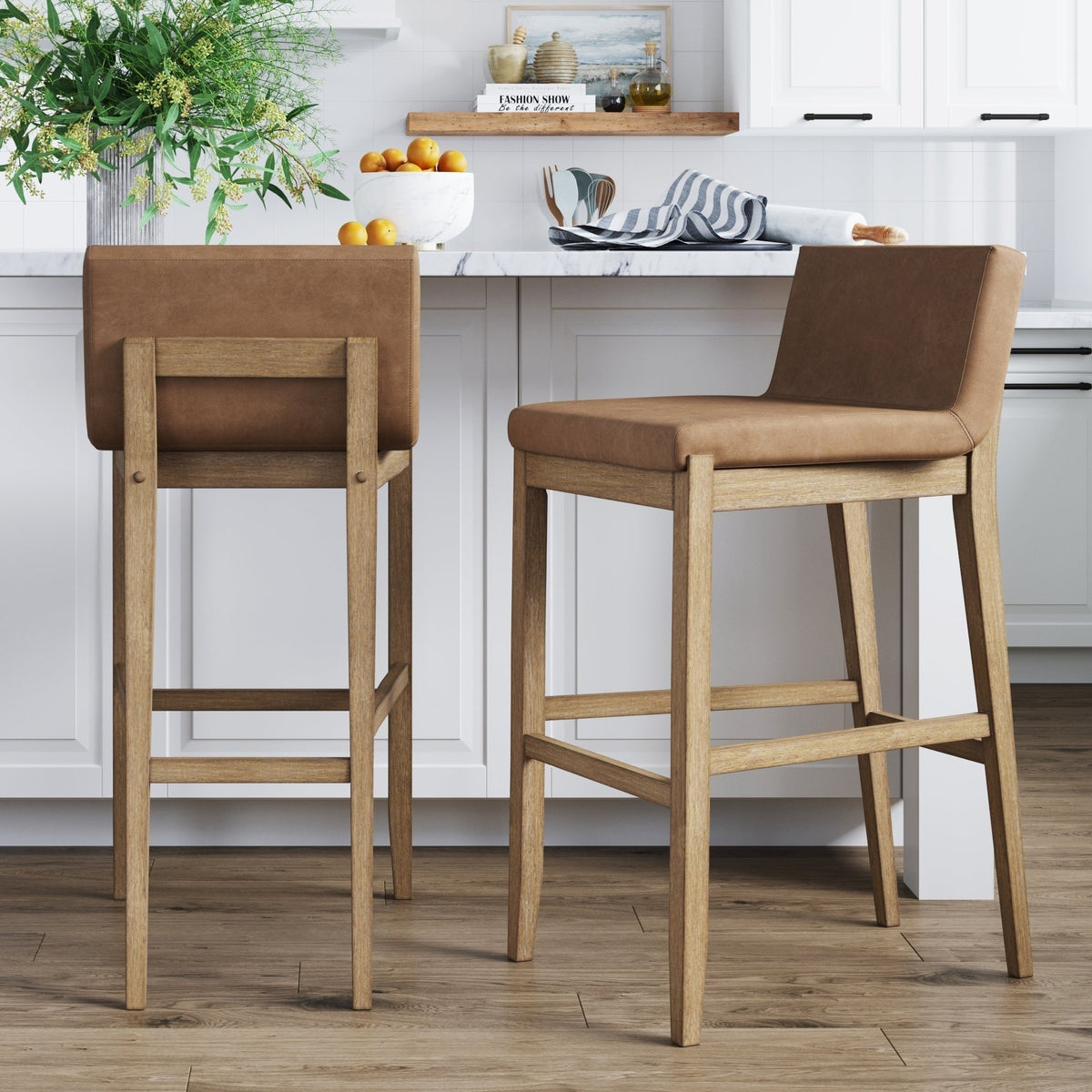 Gracie Tabouret de bar moderne, chaise rembourrée en bouclette et pieds en bois brossé