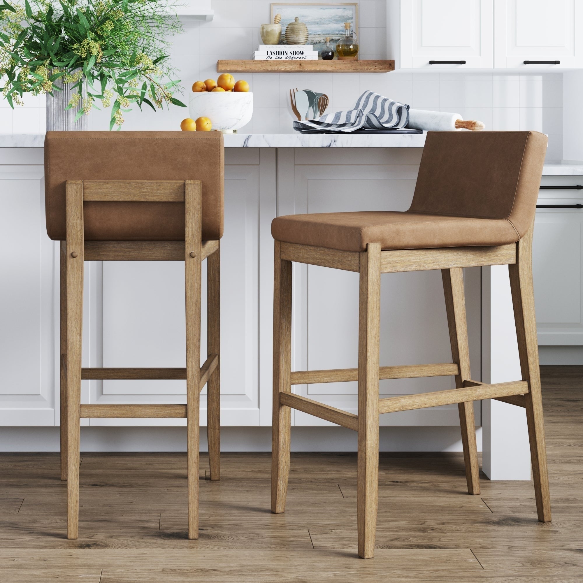 Gracie Tabouret de bar moderne, chaise rembourrée en bouclette et pieds en bois brossé