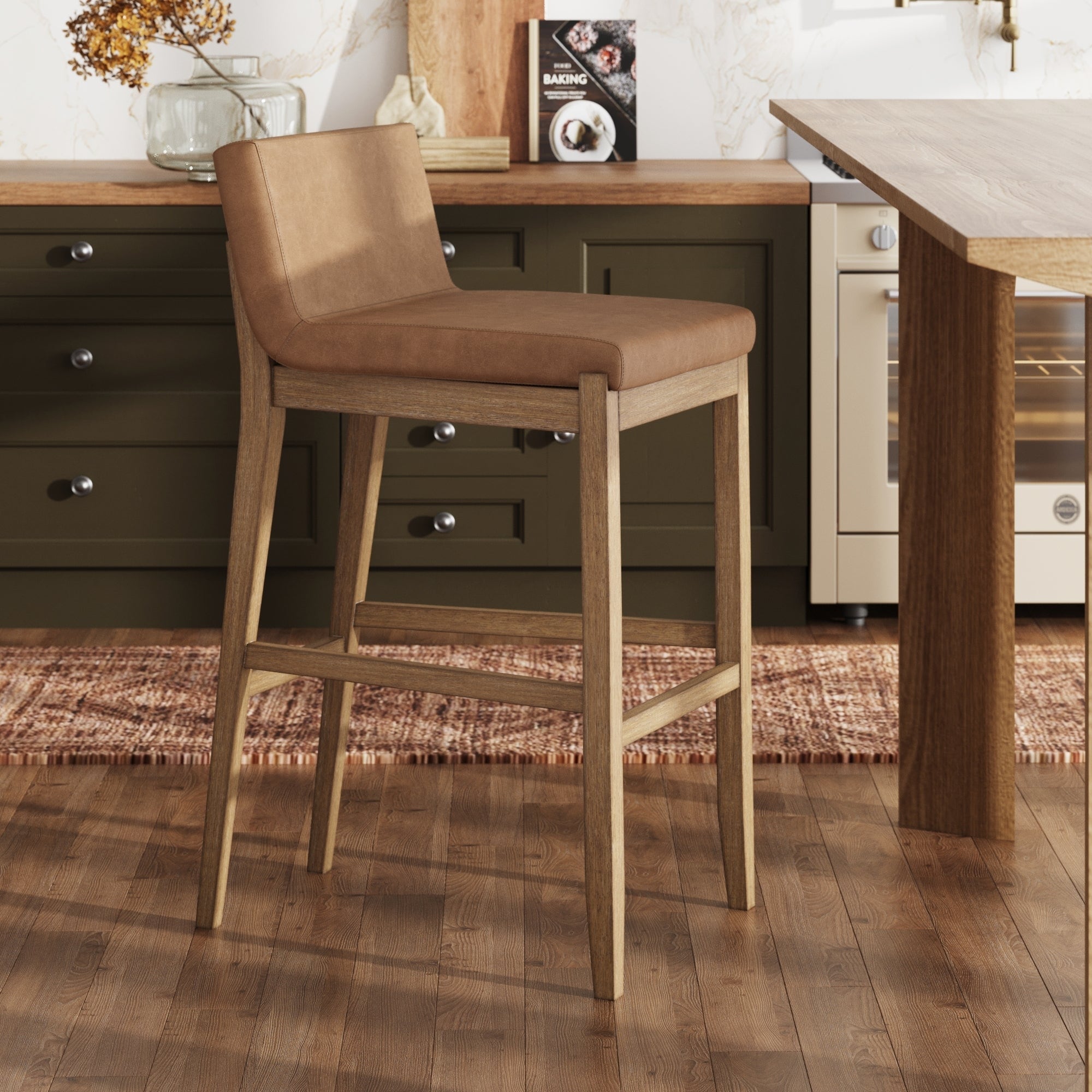 Gracie Tabouret de bar moderne, chaise rembourrée en bouclette et pieds en bois brossé