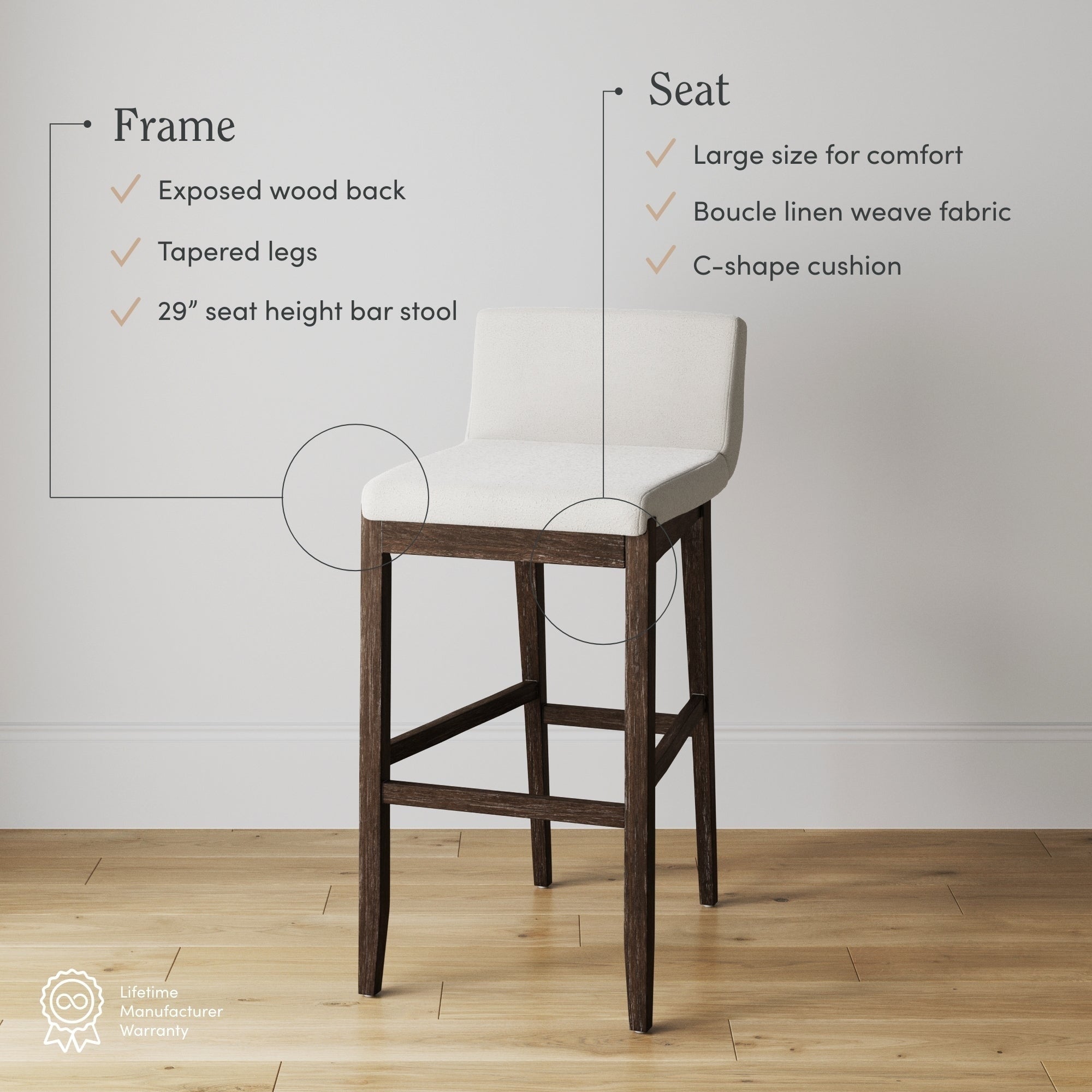 Gracie Tabouret de bar moderne, chaise rembourrée en bouclette et pieds en bois brossé