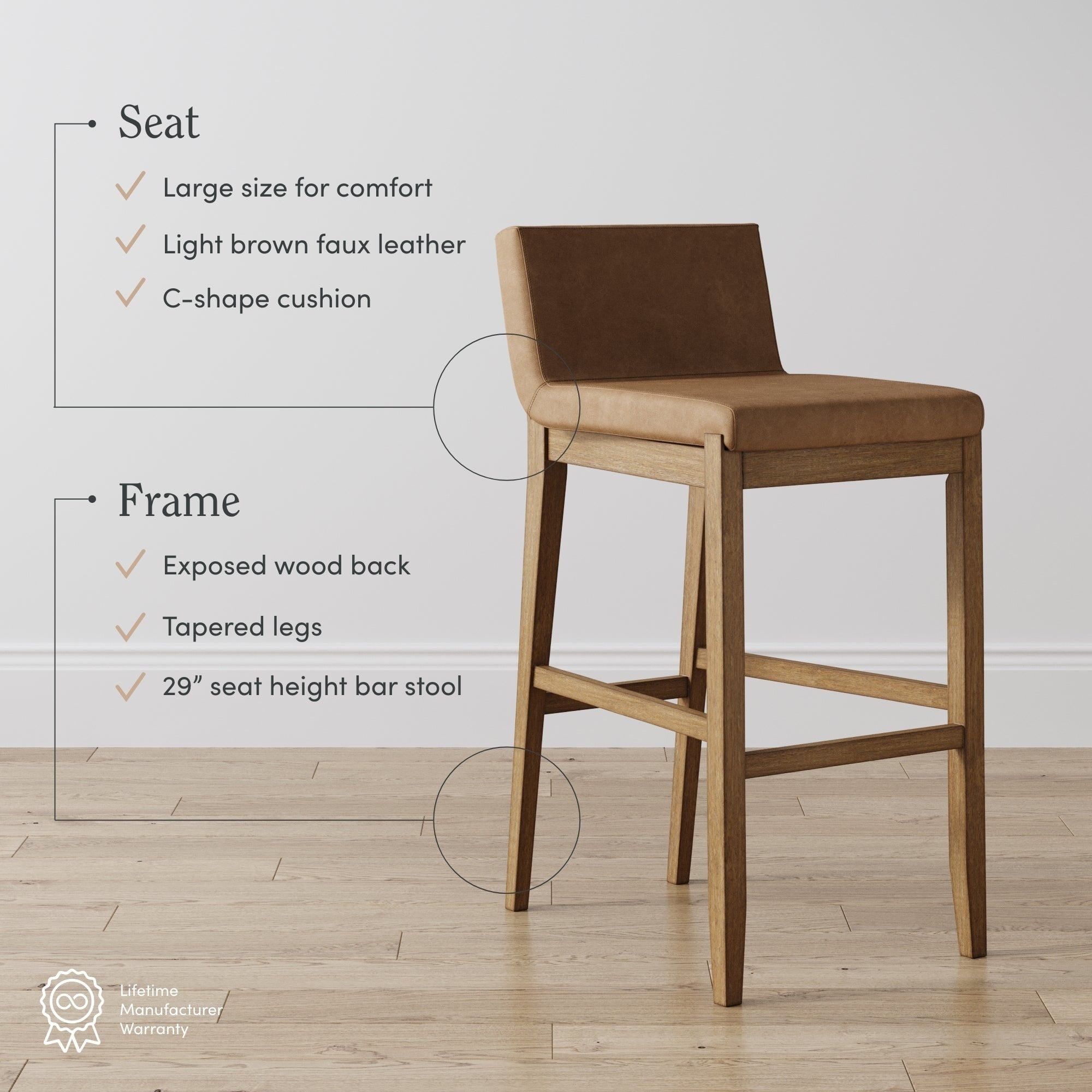 Gracie Tabouret de bar moderne, chaise rembourrée en bouclette et pieds en bois brossé