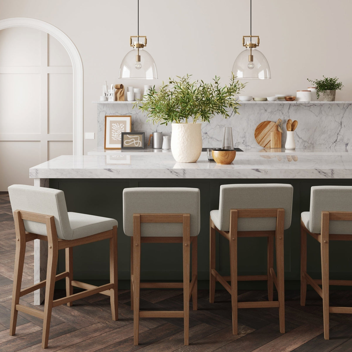 Gracie Tabouret de bar moderne, chaise rembourrée en bouclette et pieds en bois brossé
