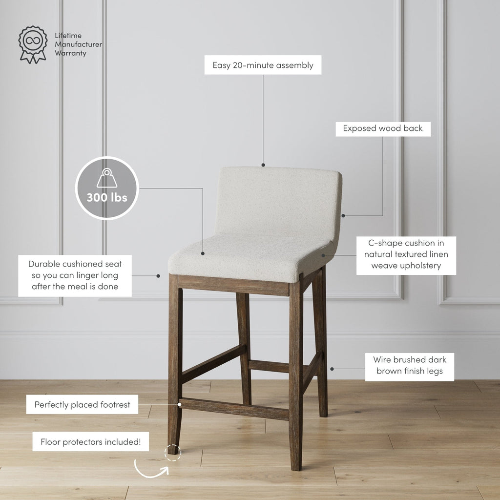 Gracie Tabouret de bar moderne, chaise rembourrée en bouclette et pieds en bois brossé