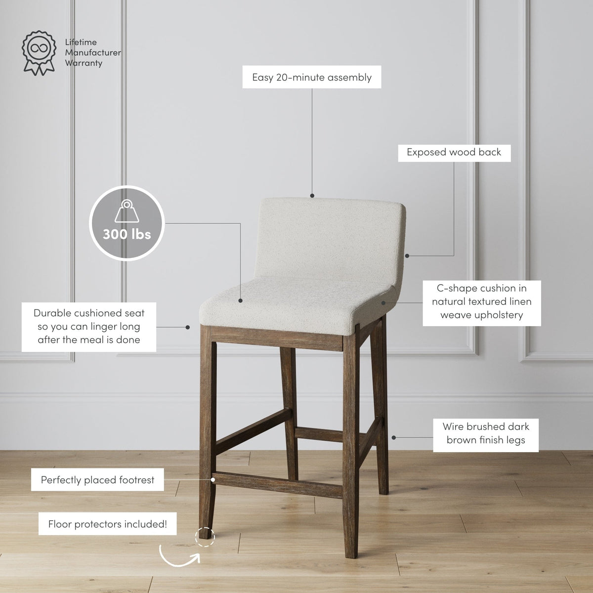 Gracie Tabouret de bar moderne, chaise rembourrée en bouclette et pieds en bois brossé