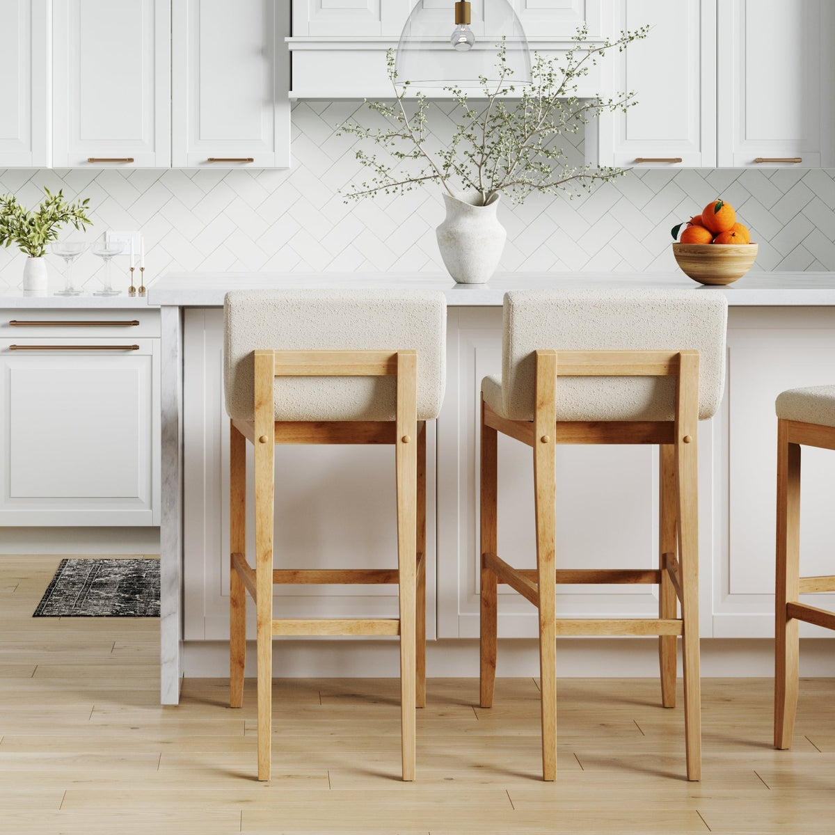 Gracie Tabouret de bar moderne, chaise rembourrée en bouclette et pieds en bois brossé
