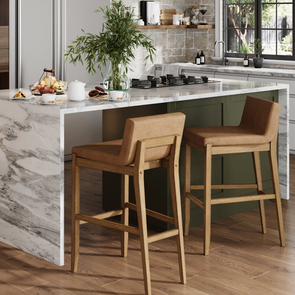 Gracie Tabouret de bar moderne, chaise rembourrée en bouclette et pieds en bois brossé