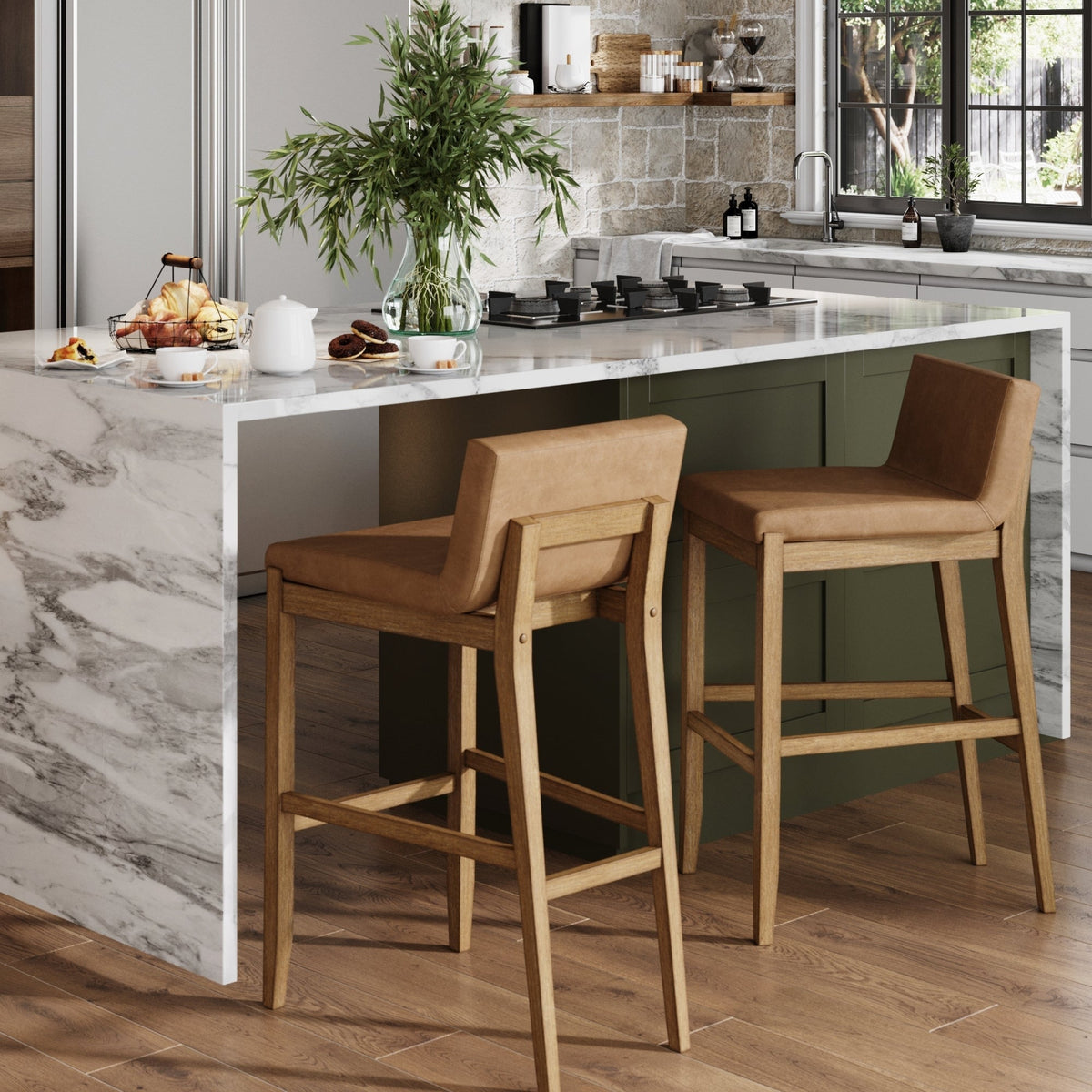 Gracie Tabouret de bar moderne, chaise rembourrée en bouclette et pieds en bois brossé