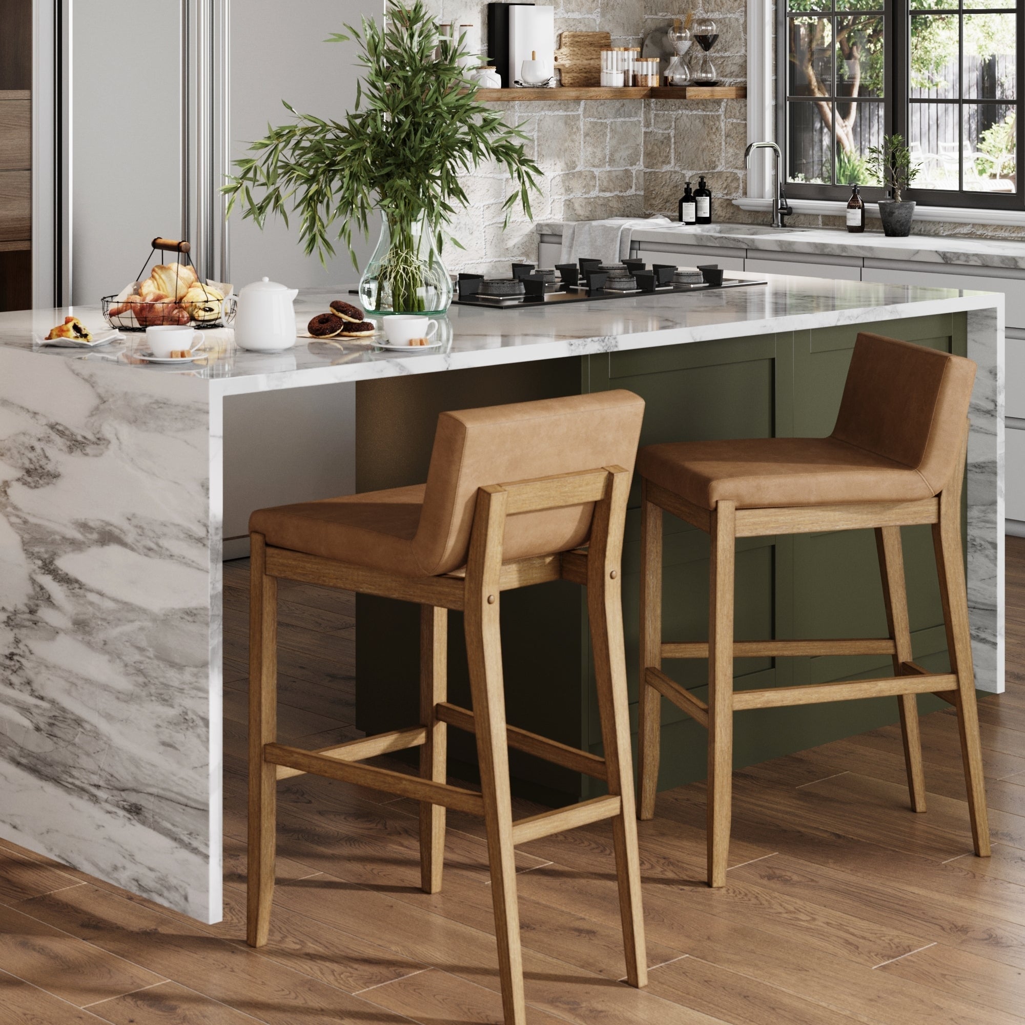 Gracie Tabouret de bar moderne, chaise rembourrée en bouclette et pieds en bois brossé
