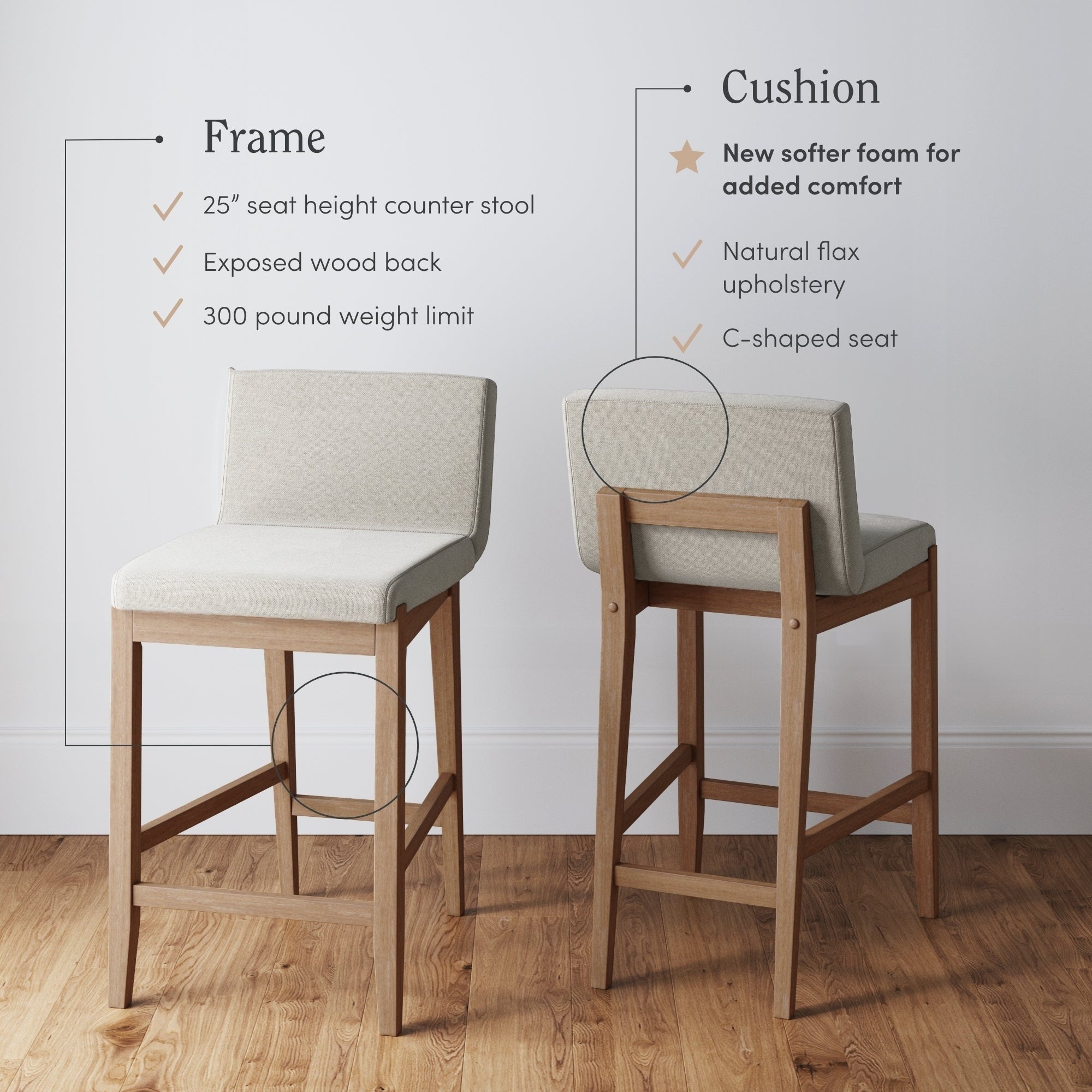 Gracie Tabouret de bar moderne, chaise rembourrée en bouclette et pieds en bois brossé