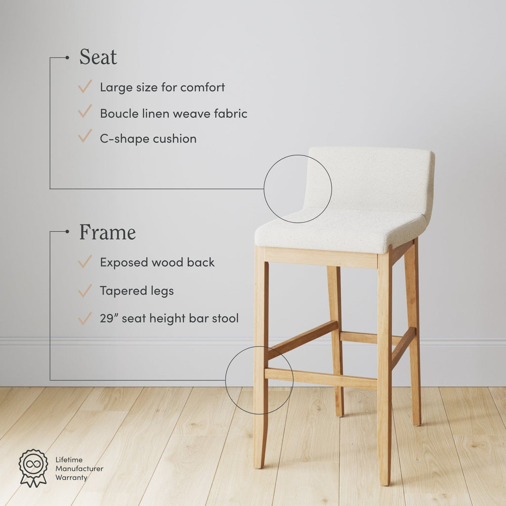 Gracie Tabouret de bar moderne, chaise rembourrée en bouclette et pieds en bois brossé