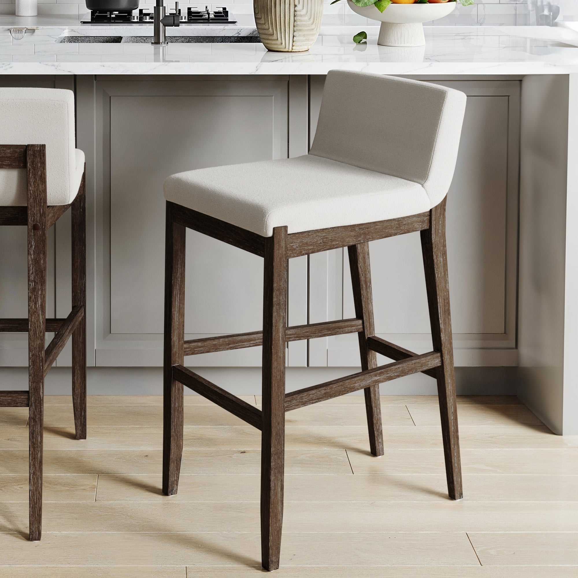 Gracie Tabouret de bar moderne, chaise rembourrée en bouclette et pieds en bois brossé