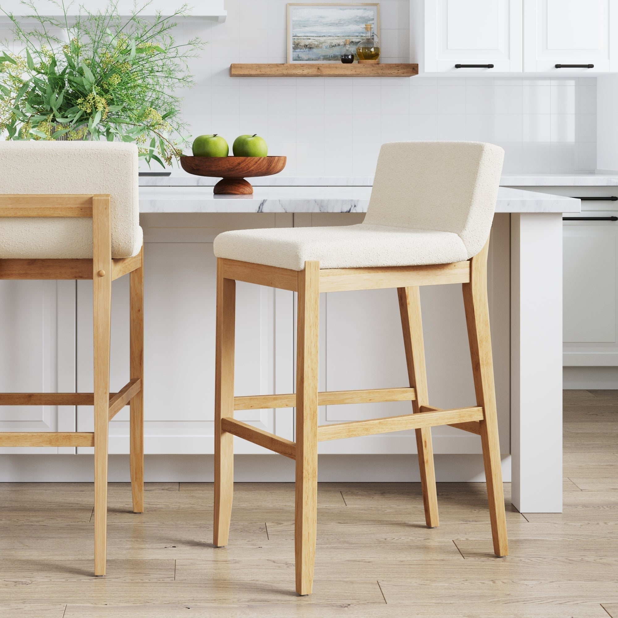 Gracie Tabouret de bar moderne, chaise rembourrée en bouclette et pieds en bois brossé