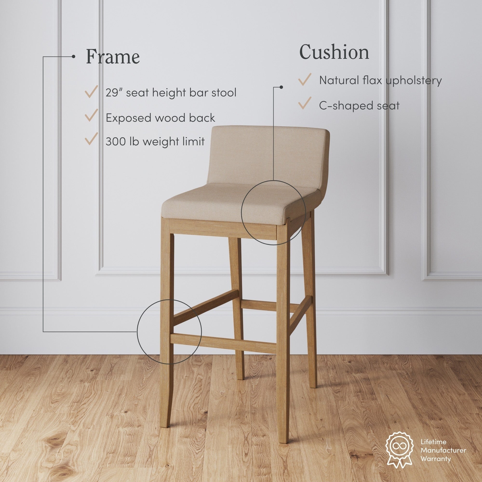 Gracie Tabouret de bar moderne, chaise rembourrée en bouclette et pieds en bois brossé