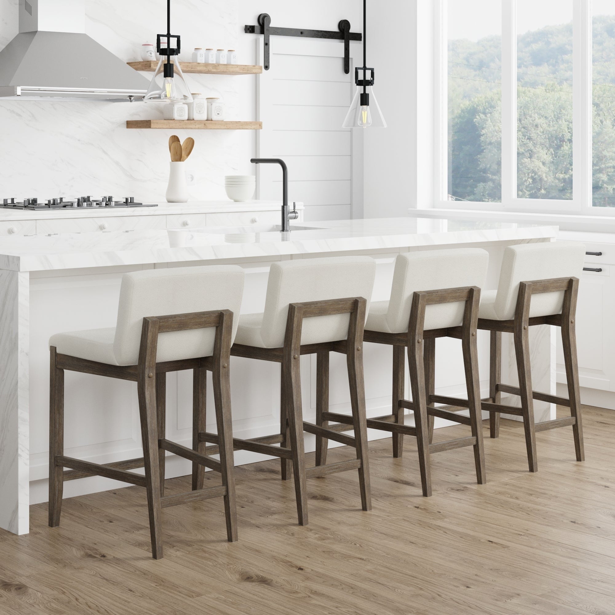 Gracie Tabouret de bar moderne, chaise rembourrée en bouclette et pieds en bois brossé