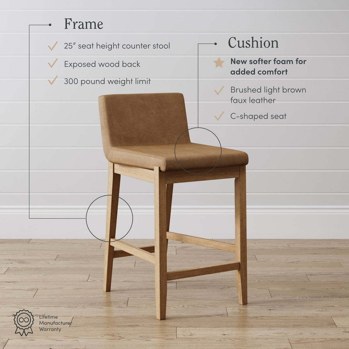 Gracie Tabouret de bar moderne, chaise rembourrée en bouclette et pieds en bois brossé