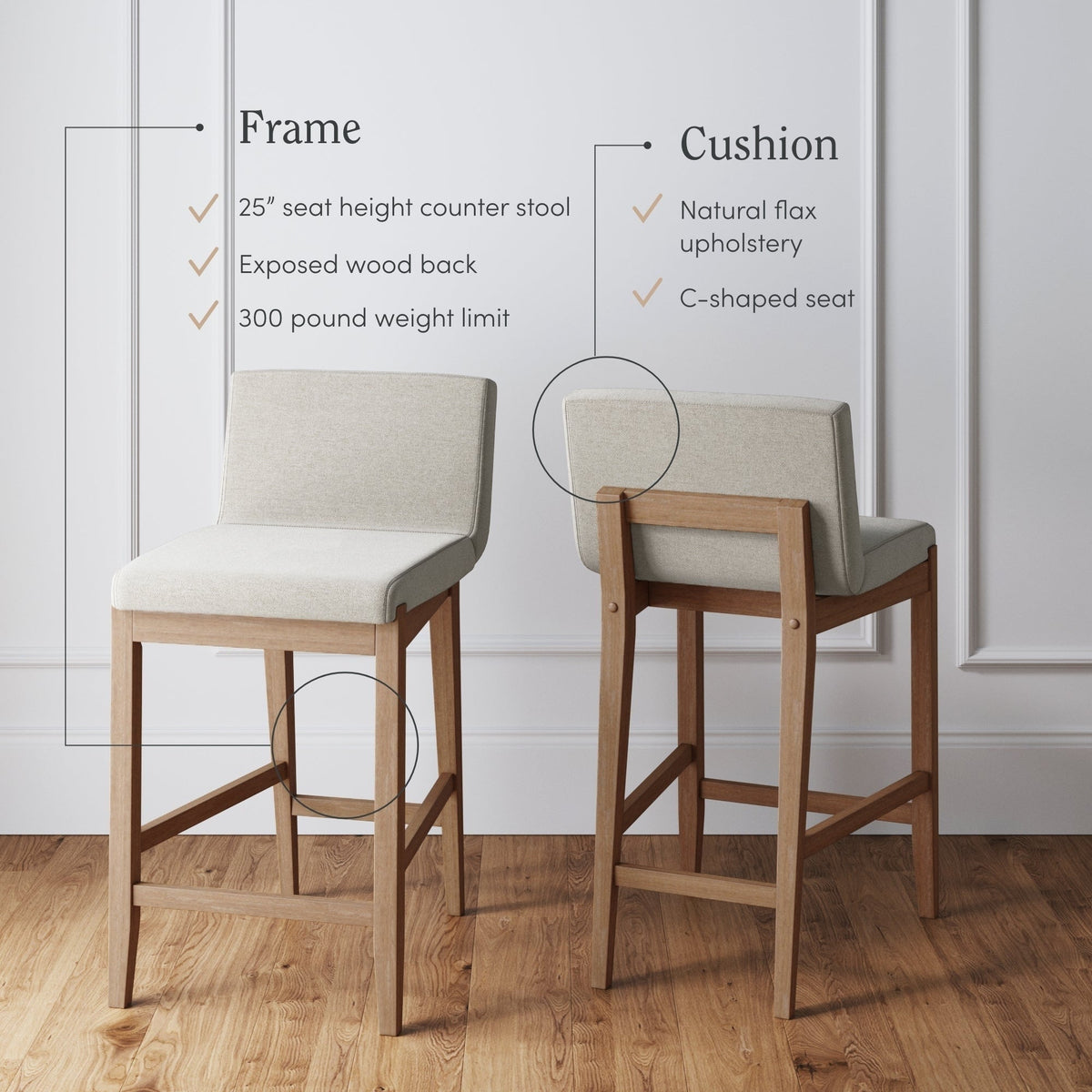Gracie Tabouret de bar moderne, chaise rembourrée en bouclette et pieds en bois brossé