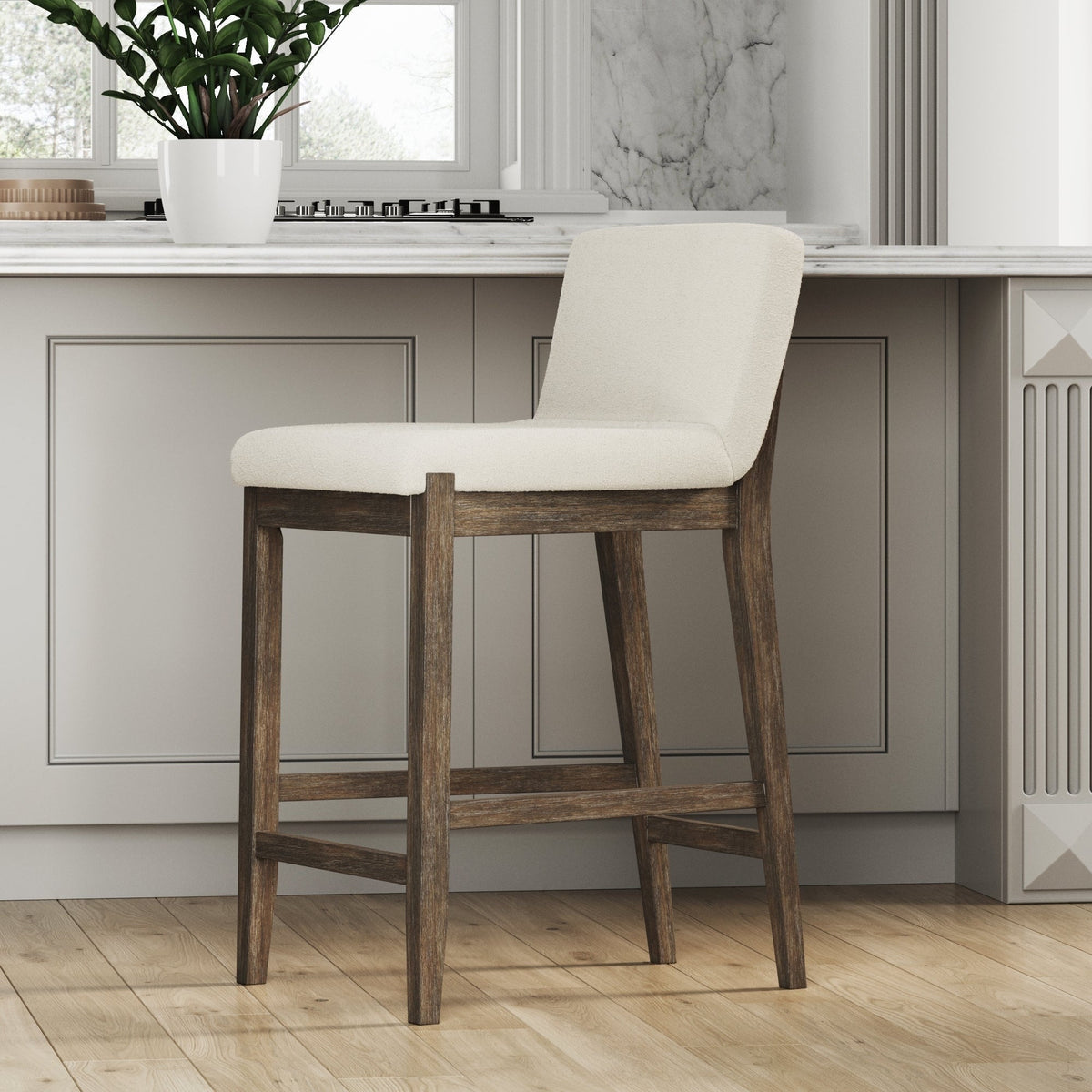 Gracie Tabouret de bar moderne, chaise rembourrée en bouclette et pieds en bois brossé