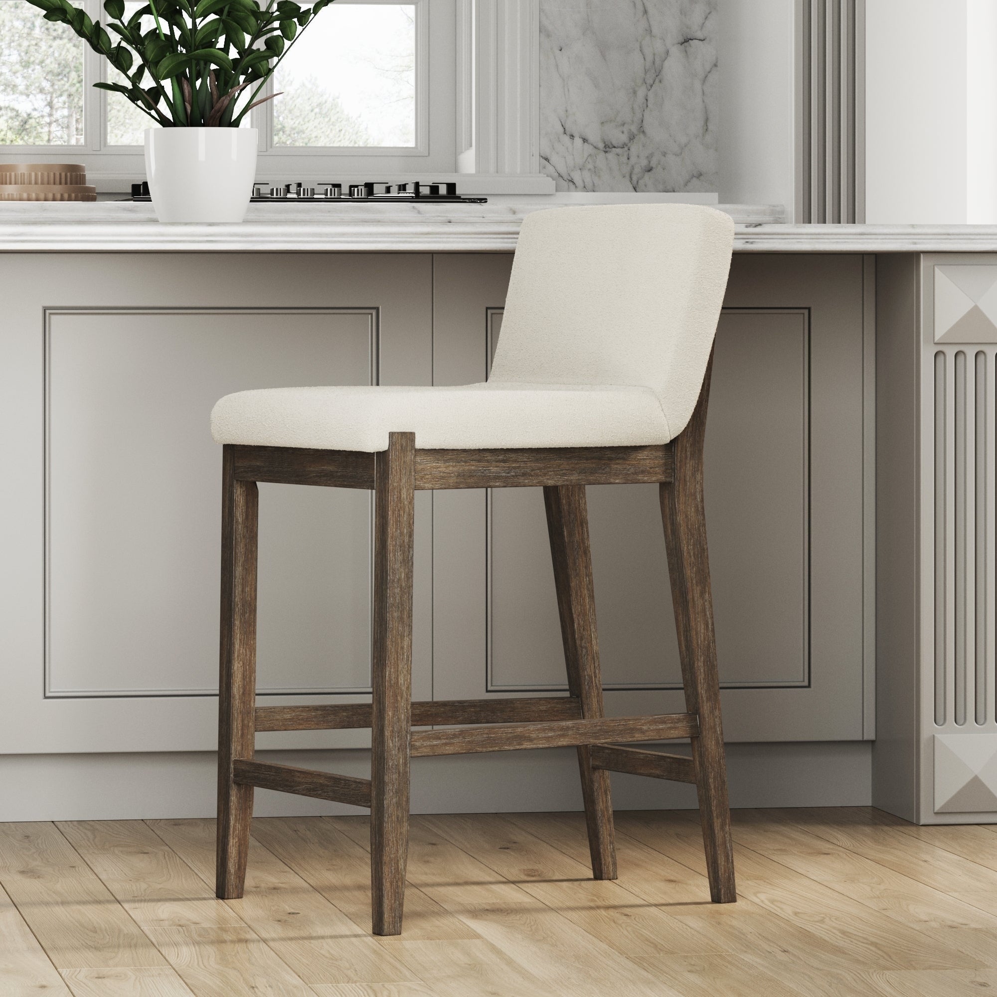 Gracie Tabouret de bar moderne, chaise rembourrée en bouclette et pieds en bois brossé